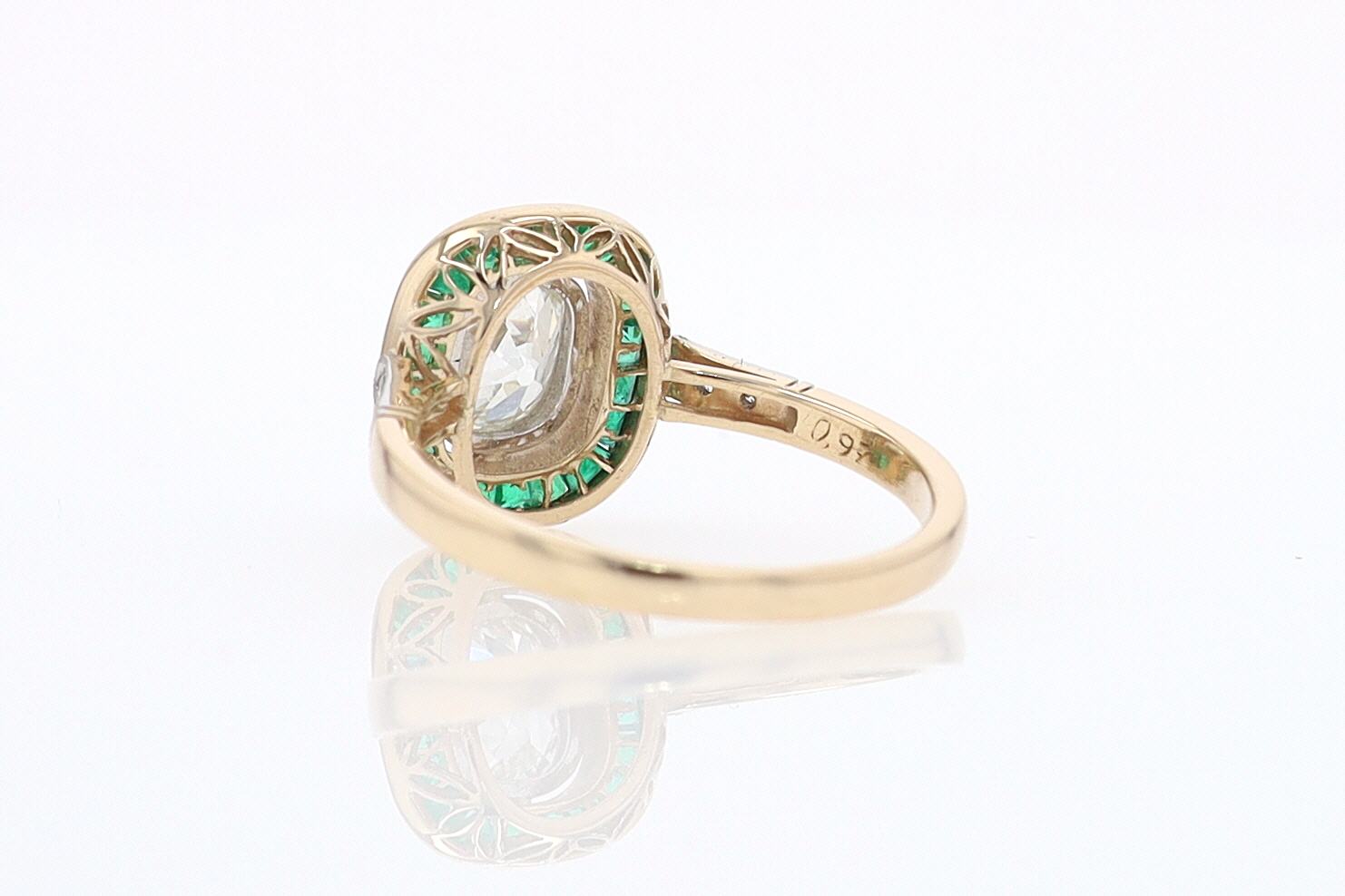 Art Deco Old Mine Cut Diamond Emerald Antique Engagement Ring