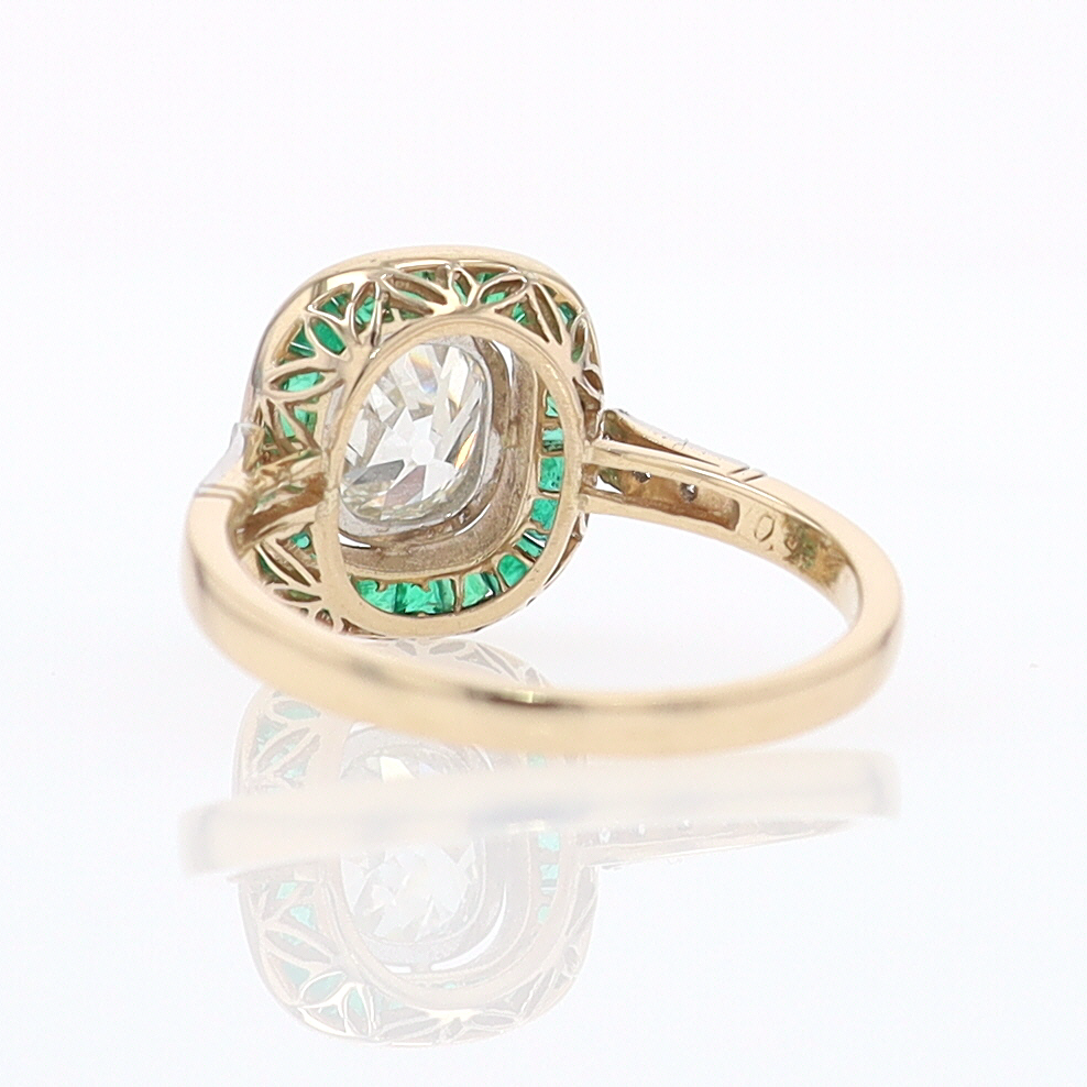 Art Deco Old Mine Cut Diamond Emerald Antique Engagement Ring