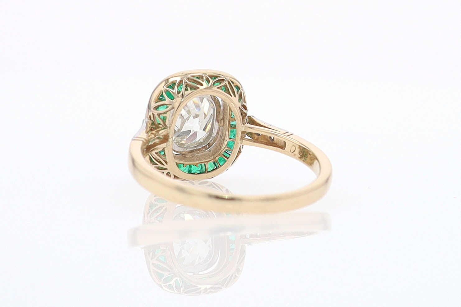 Art Deco Old Mine Cut Diamond Emerald Antique Engagement Ring