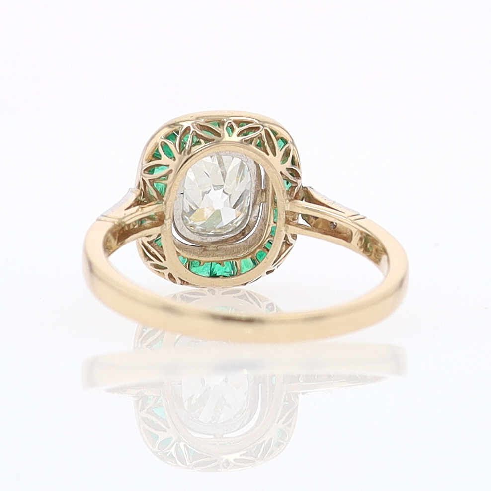 Art Deco Old Mine Cut Diamond Emerald Antique Engagement Ring