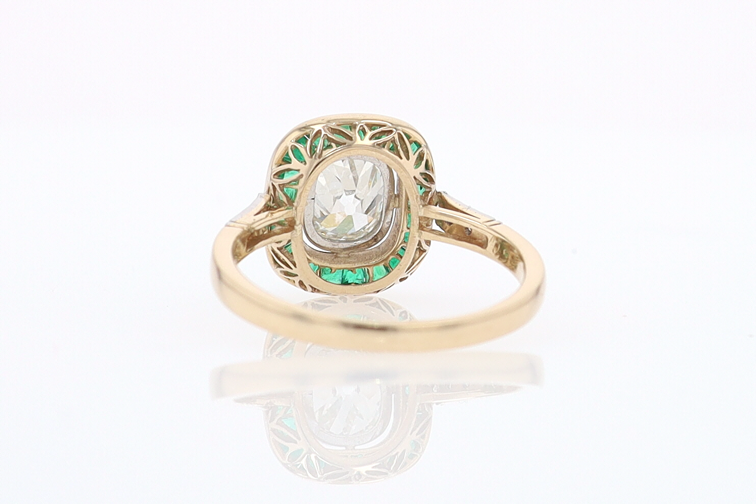 Art Deco Old Mine Cut Diamond Emerald Antique Engagement Ring