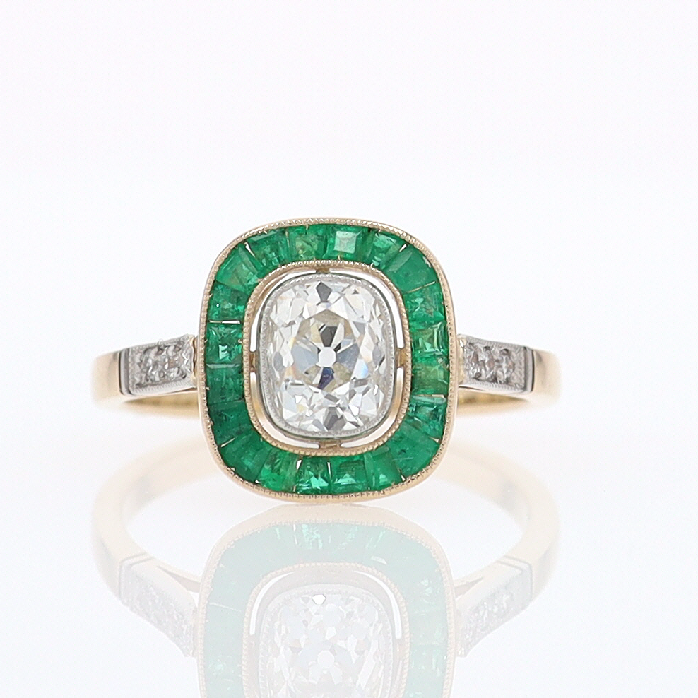 Art Deco Old Mine Cut Diamond Emerald Antique Engagement Ring