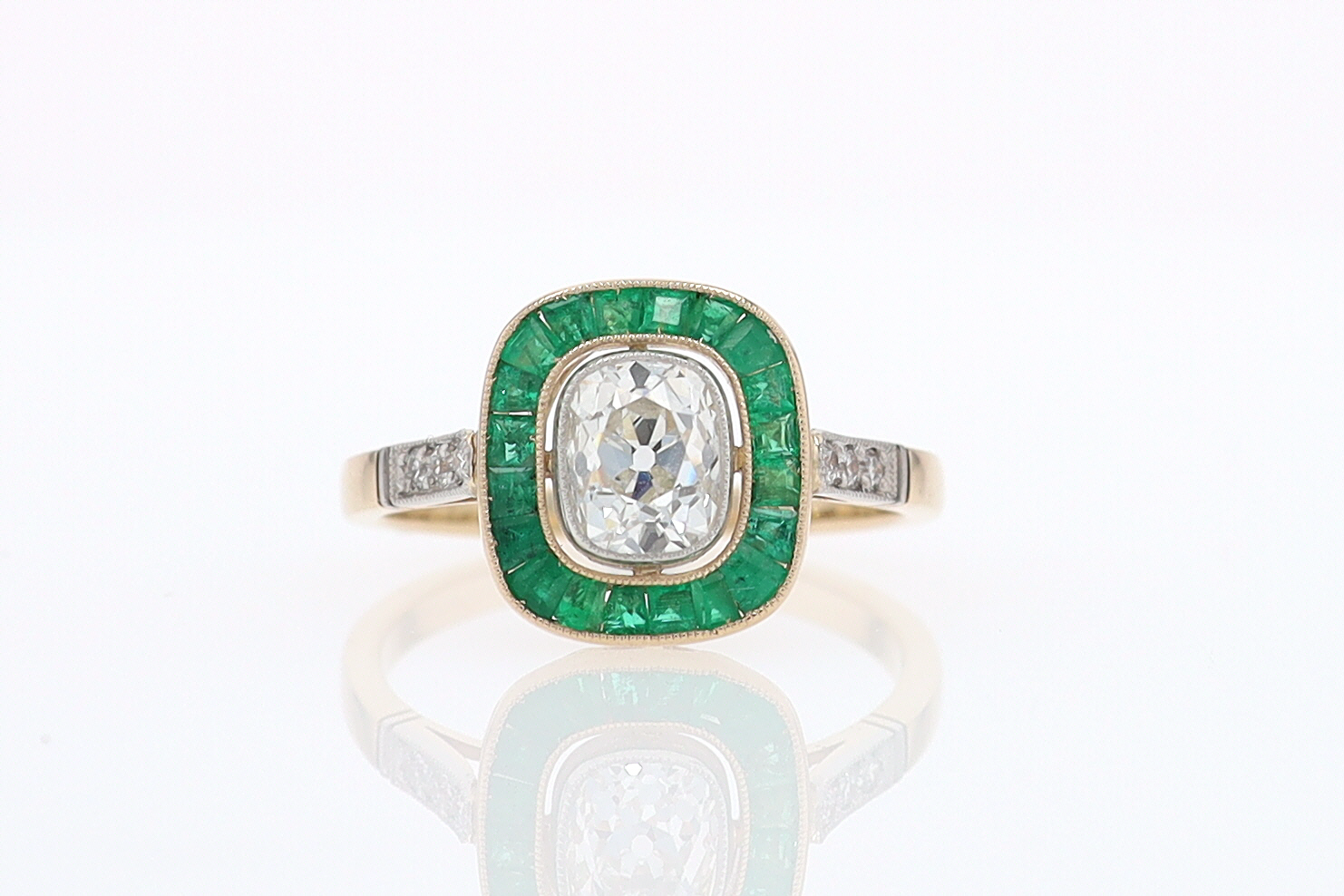Art Deco Old Mine Cut Diamond Emerald Antique Engagement Ring