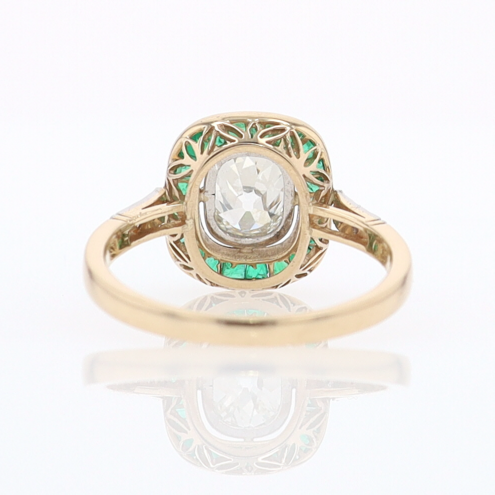 Art Deco Old Mine Cut Diamond Emerald Antique Engagement Ring