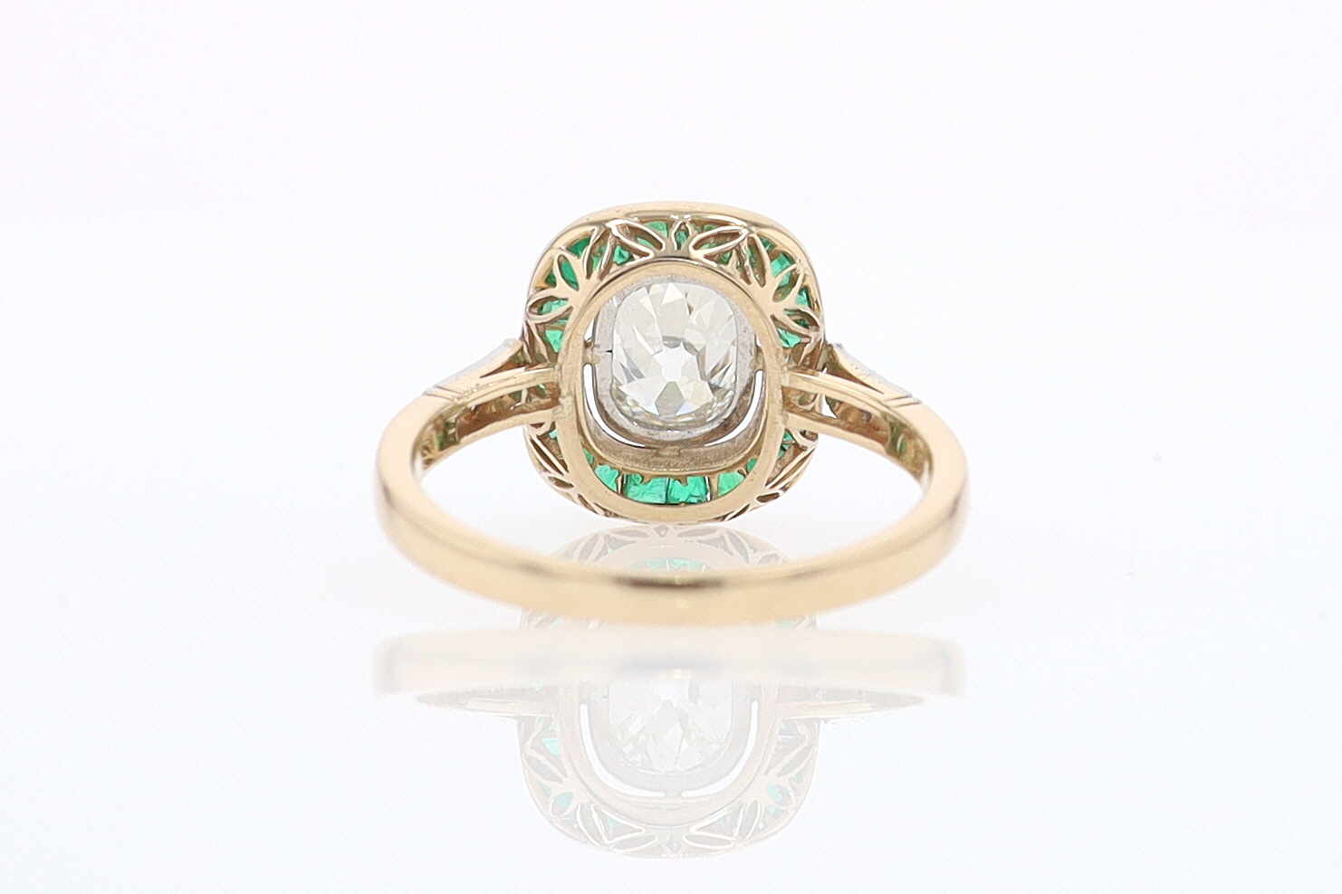 Art Deco Old Mine Cut Diamond Emerald Antique Engagement Ring