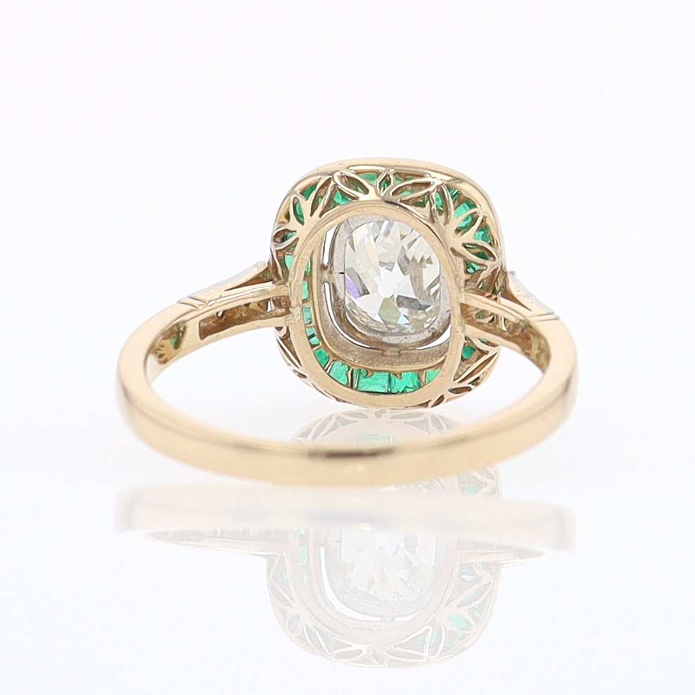 Art Deco Old Mine Cut Diamond Emerald Antique Engagement Ring