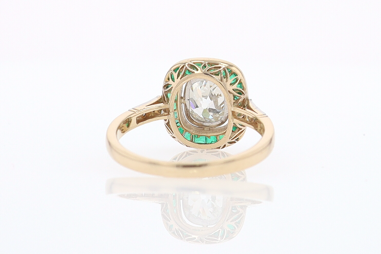 Art Deco Old Mine Cut Diamond Emerald Antique Engagement Ring