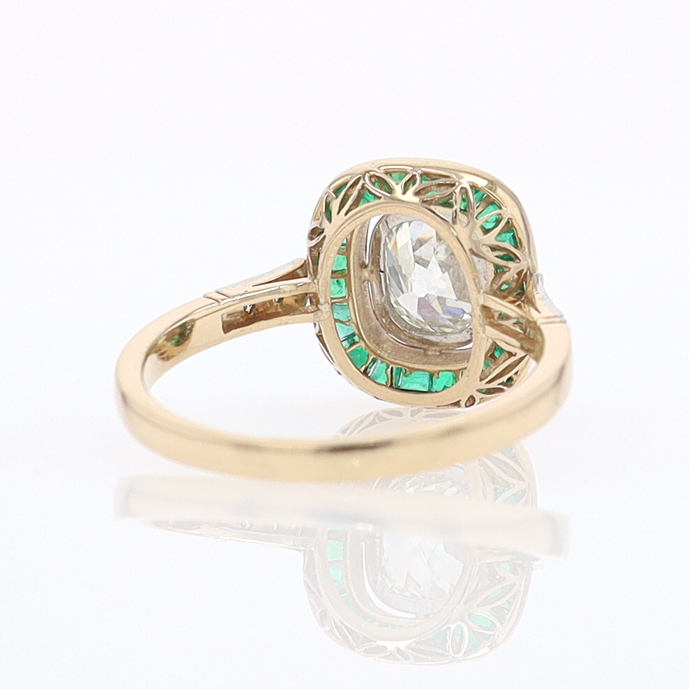 Art Deco Old Mine Cut Diamond Emerald Antique Engagement Ring