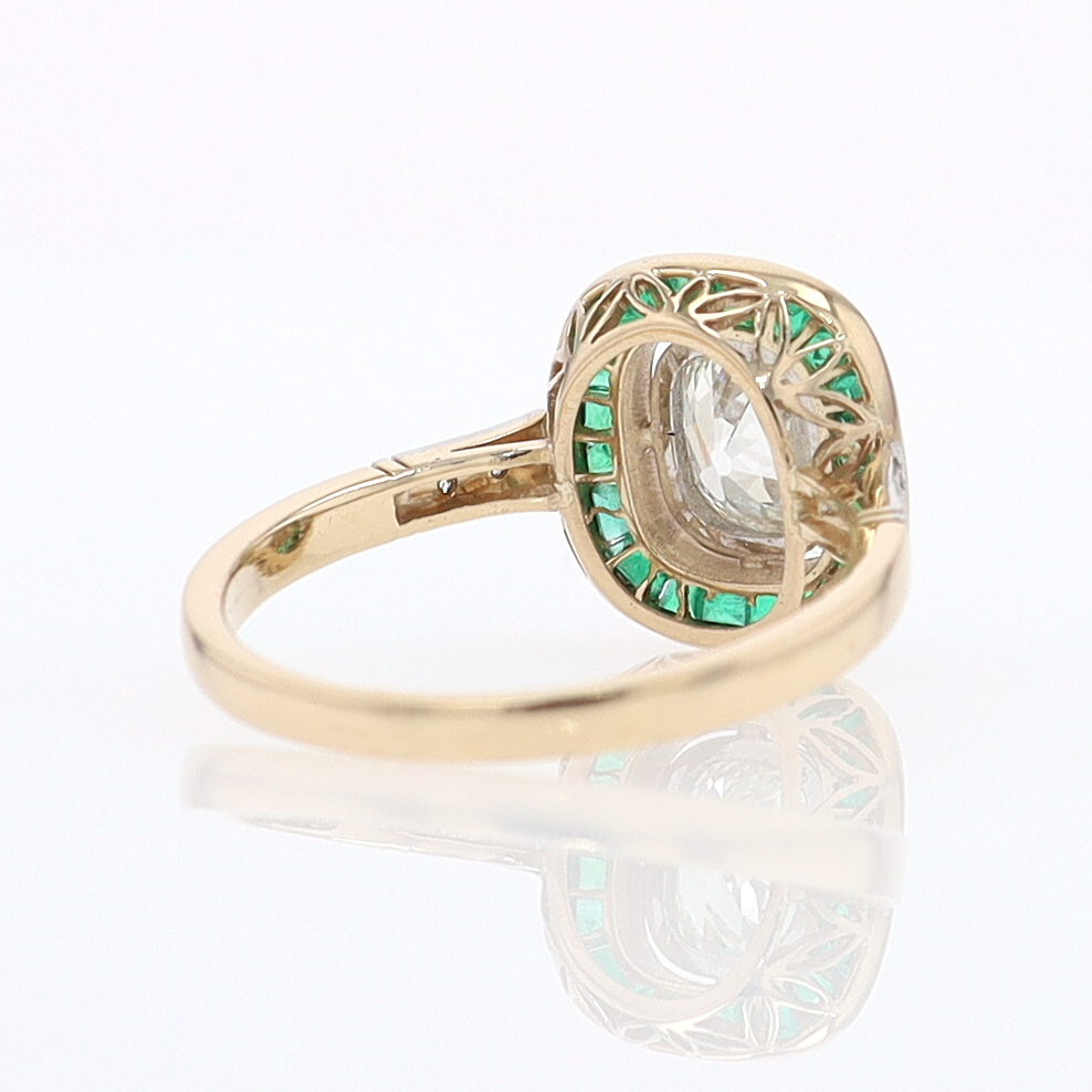 Art Deco Old Mine Cut Diamond Emerald Antique Engagement Ring