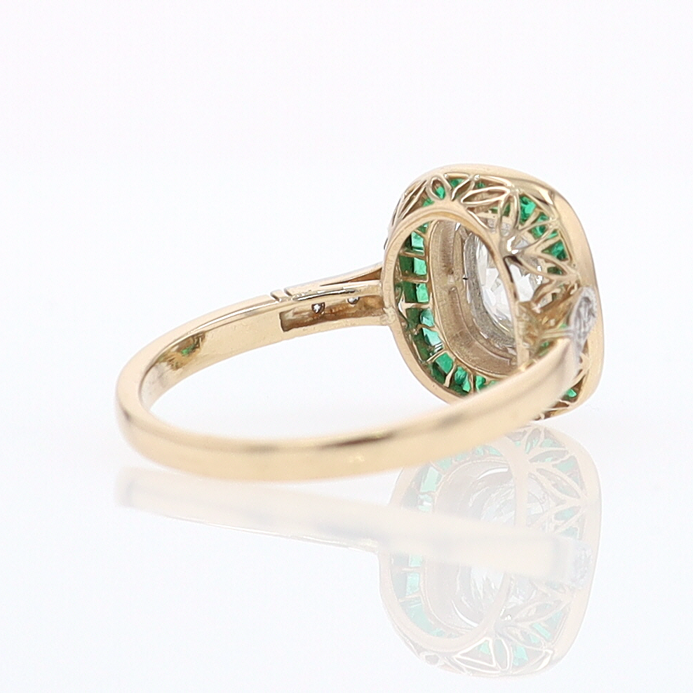 Art Deco Old Mine Cut Diamond Emerald Antique Engagement Ring