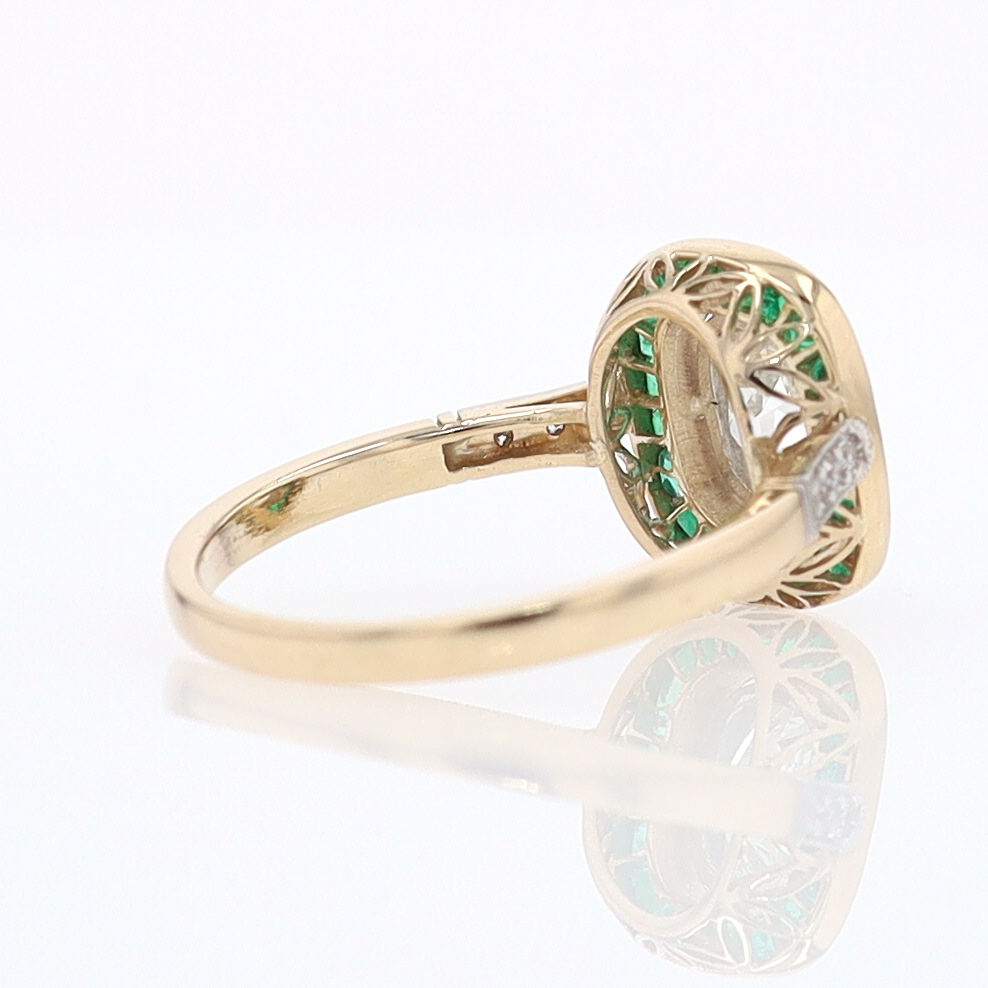 Art Deco Old Mine Cut Diamond Emerald Antique Engagement Ring