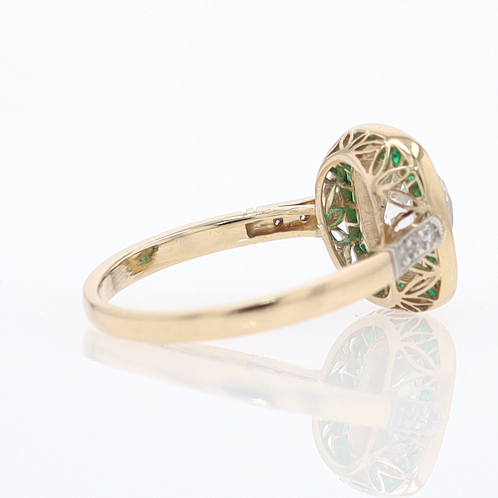 Art Deco Old Mine Cut Diamond Emerald Antique Engagement Ring
