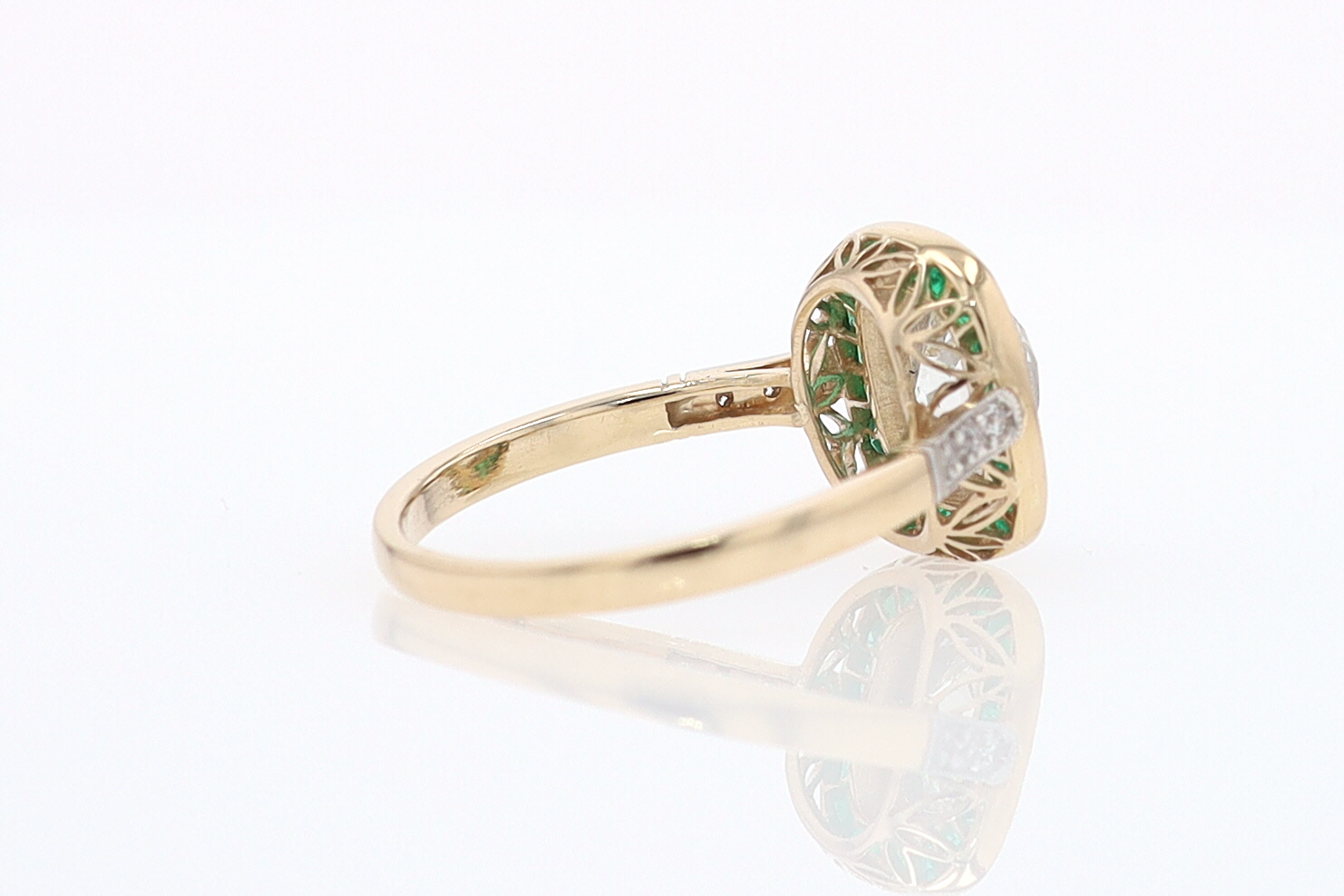 Art Deco Old Mine Cut Diamond Emerald Antique Engagement Ring