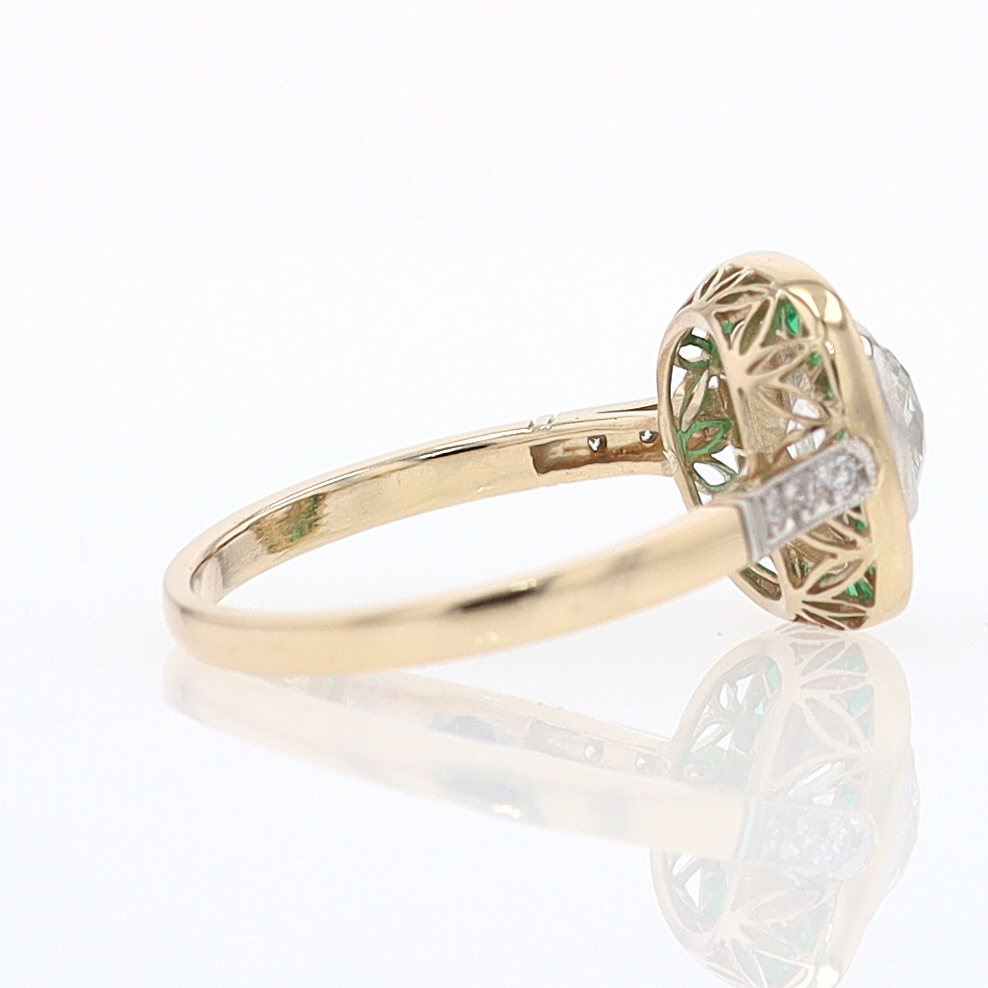 Art Deco Old Mine Cut Diamond Emerald Antique Engagement Ring