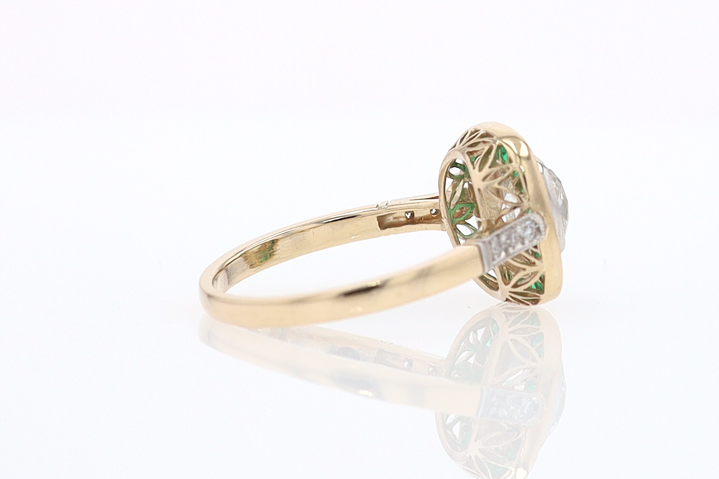 Art Deco Old Mine Cut Diamond Emerald Antique Engagement Ring