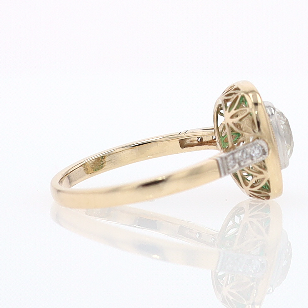 Art Deco Old Mine Cut Diamond Emerald Antique Engagement Ring