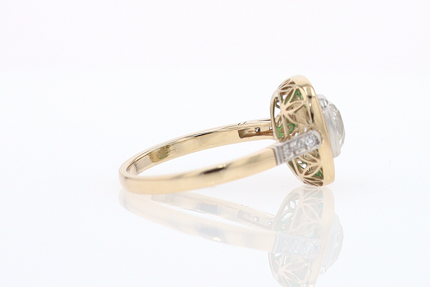 Art Deco Old Mine Cut Diamond Emerald Antique Engagement Ring