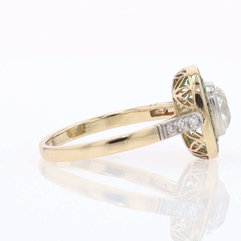 Art Deco Old Mine Cut Diamond Emerald Antique Engagement Ring