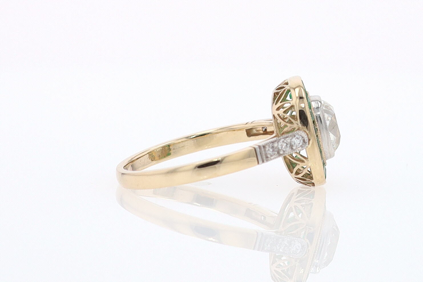 Art Deco Old Mine Cut Diamond Emerald Antique Engagement Ring