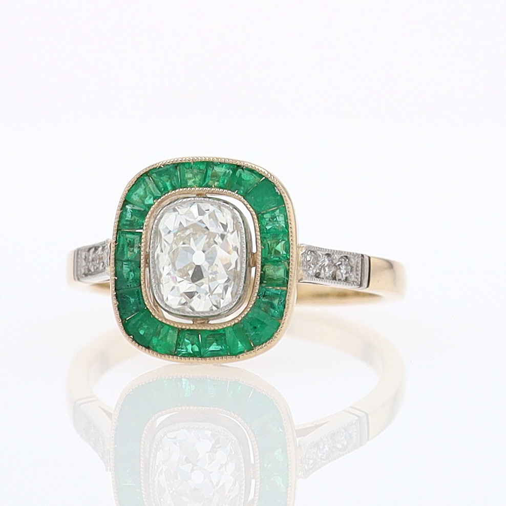 Art Deco Old Mine Cut Diamond Emerald Antique Engagement Ring