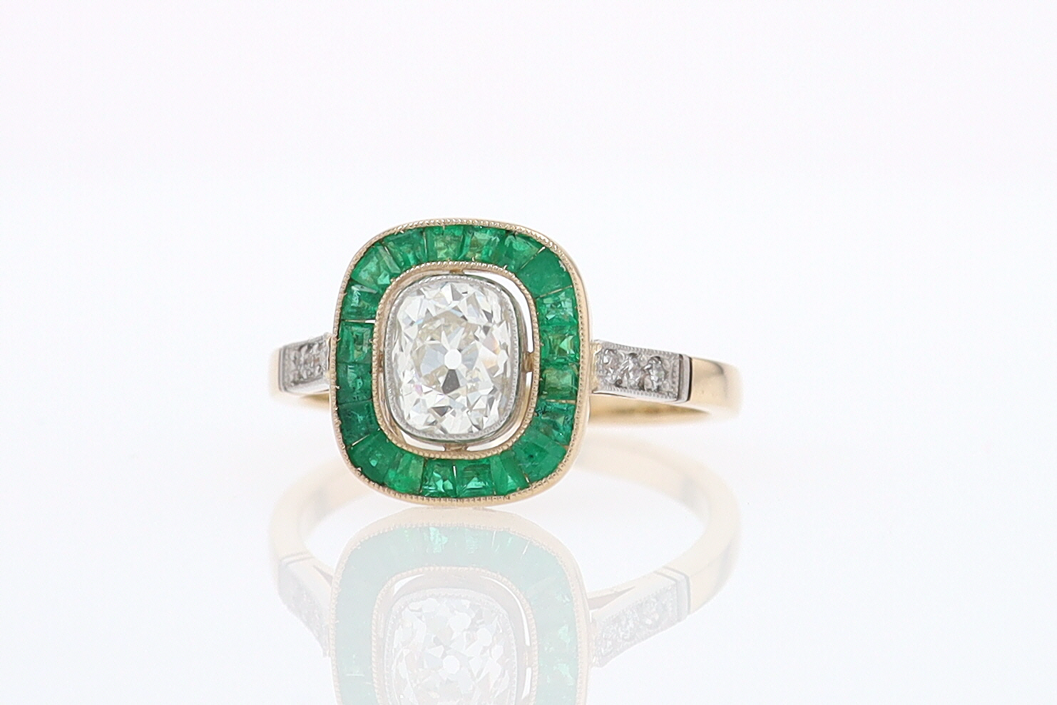 Art Deco Old Mine Cut Diamond Emerald Antique Engagement Ring