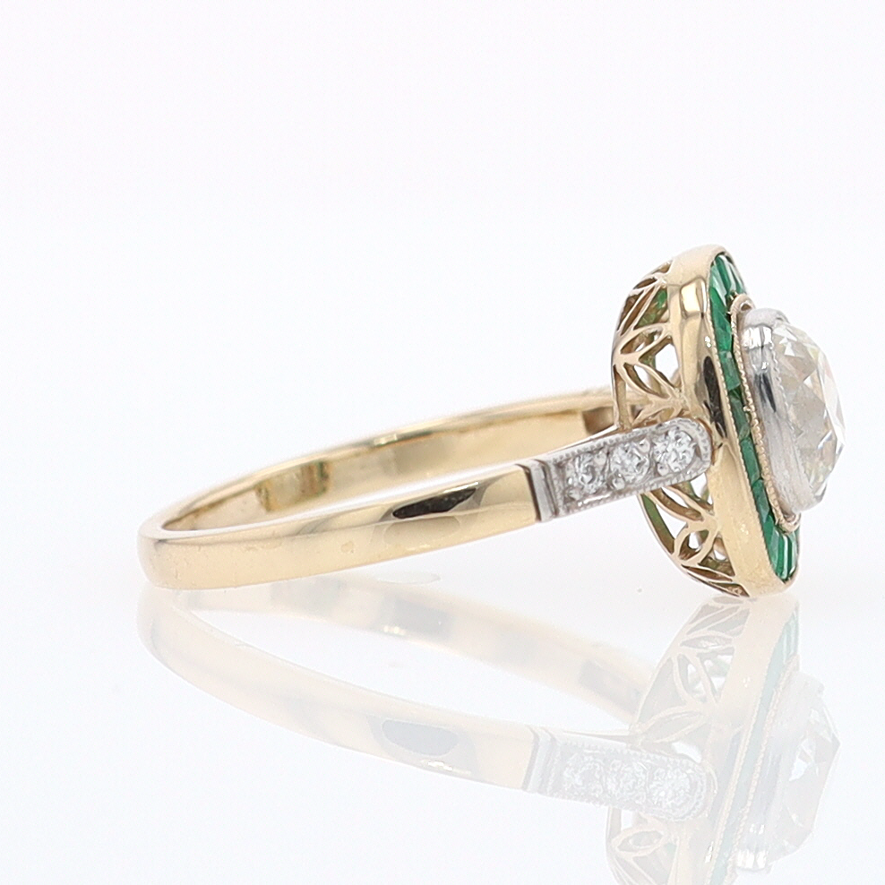 Art Deco Old Mine Cut Diamond Emerald Antique Engagement Ring