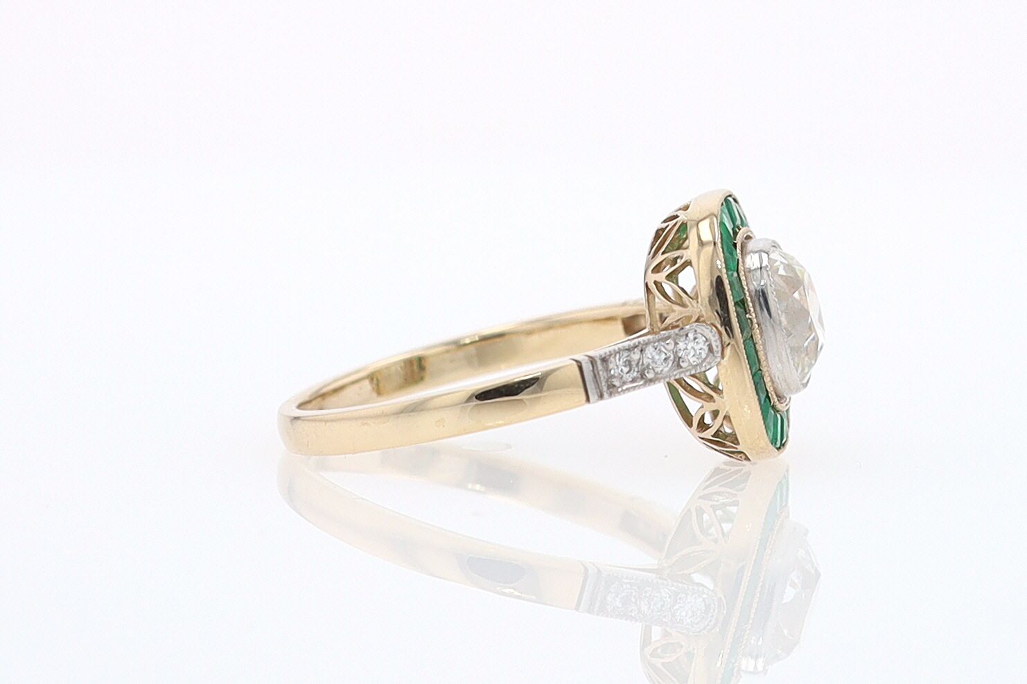 Art Deco Old Mine Cut Diamond Emerald Antique Engagement Ring