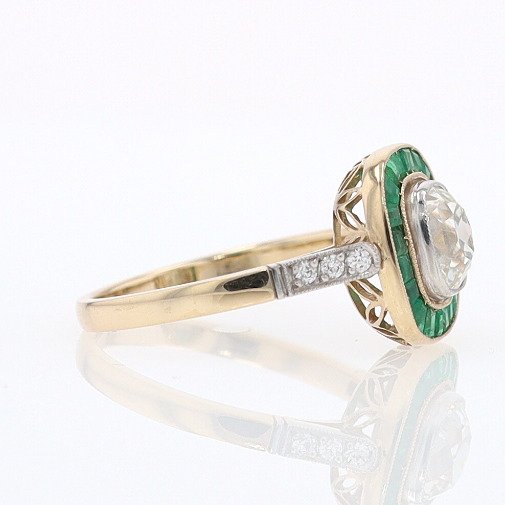 Art Deco Old Mine Cut Diamond Emerald Antique Engagement Ring