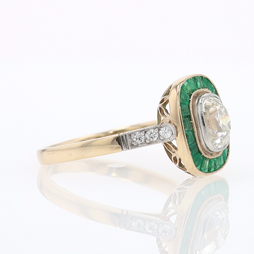 Art Deco Old Mine Cut Diamond Emerald Antique Engagement Ring