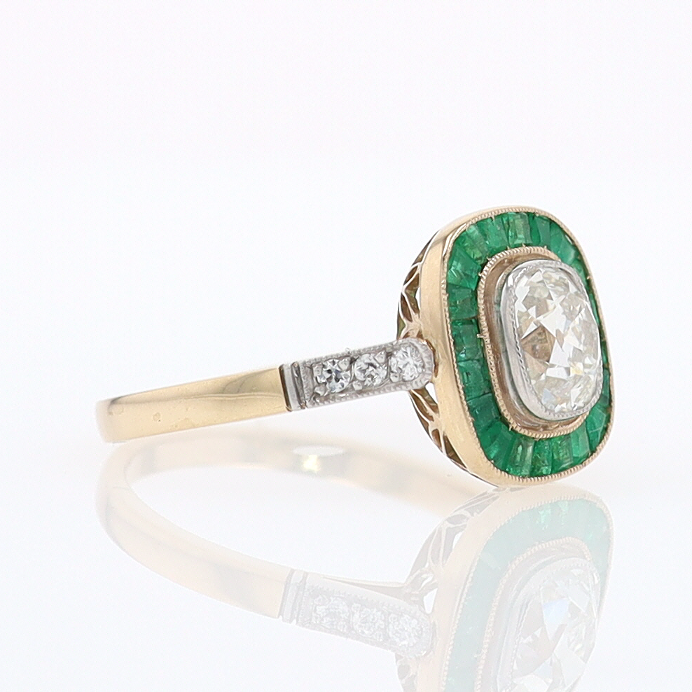 Art Deco Old Mine Cut Diamond Emerald Antique Engagement Ring