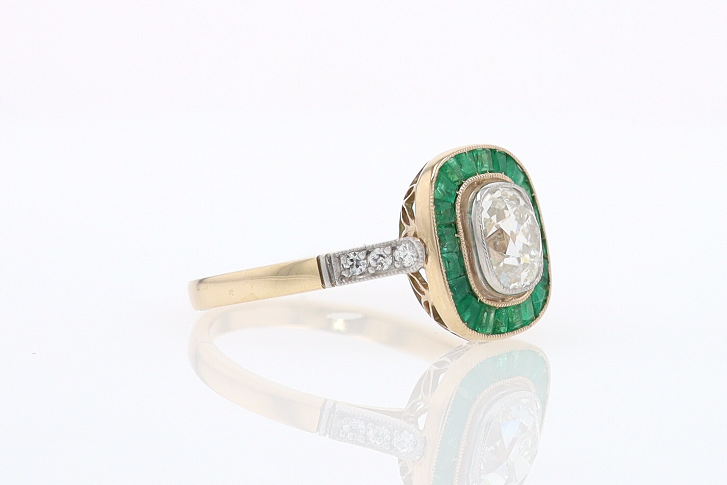 Art Deco Old Mine Cut Diamond Emerald Antique Engagement Ring