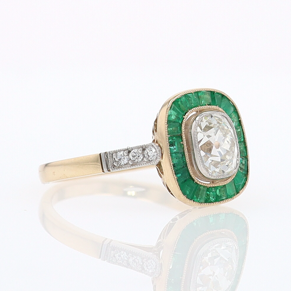 Art Deco Old Mine Cut Diamond Emerald Antique Engagement Ring