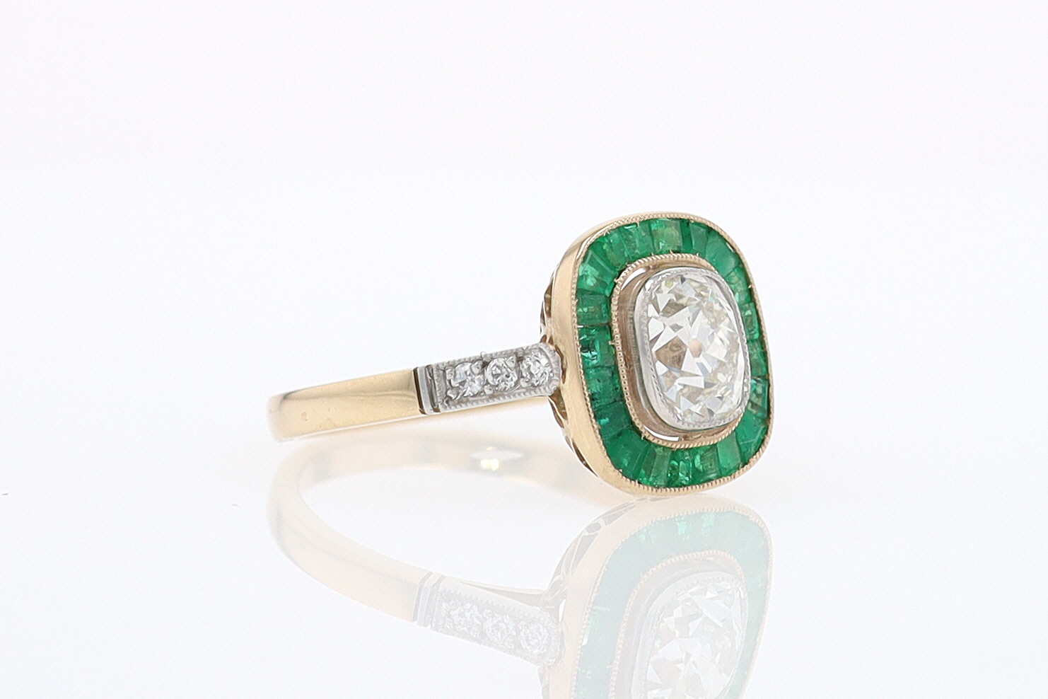 Art Deco Old Mine Cut Diamond Emerald Antique Engagement Ring