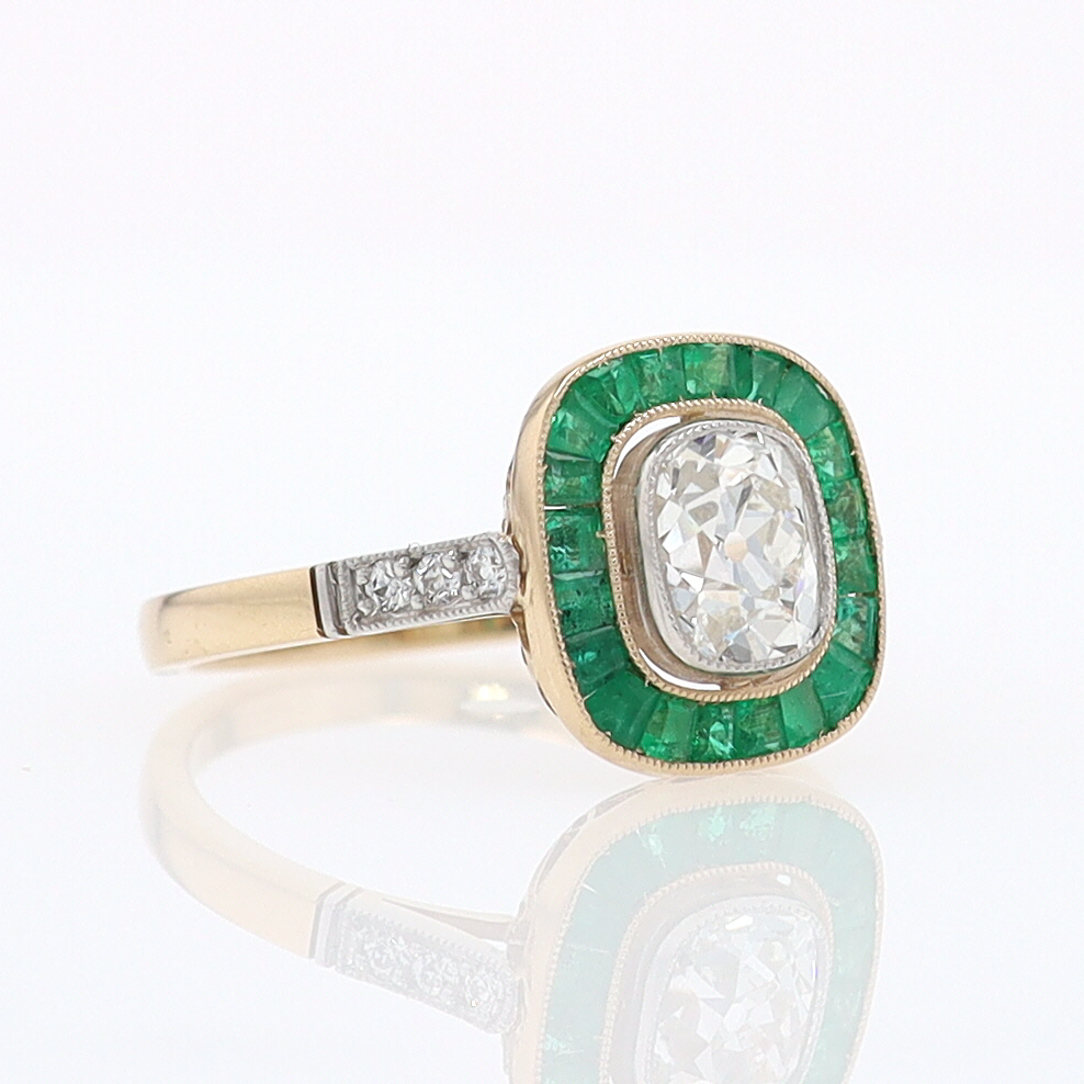 Art Deco Old Mine Cut Diamond Emerald Antique Engagement Ring