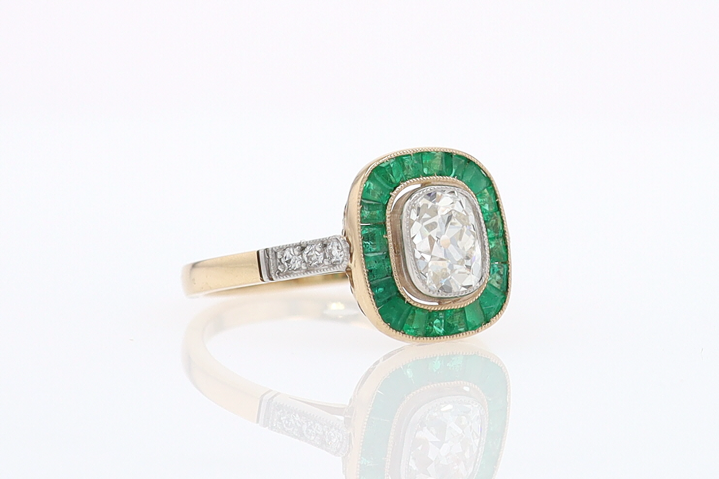 Art Deco Old Mine Cut Diamond Emerald Antique Engagement Ring