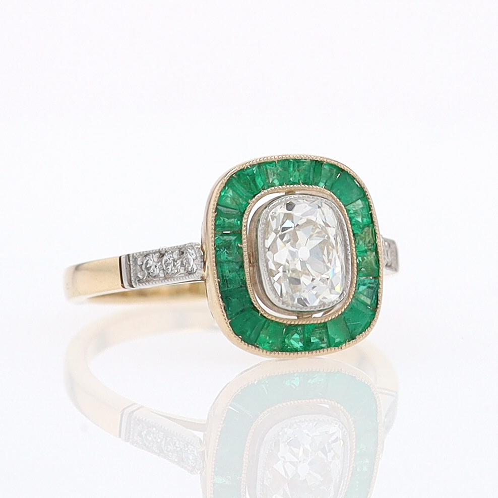 Art Deco Old Mine Cut Diamond Emerald Antique Engagement Ring