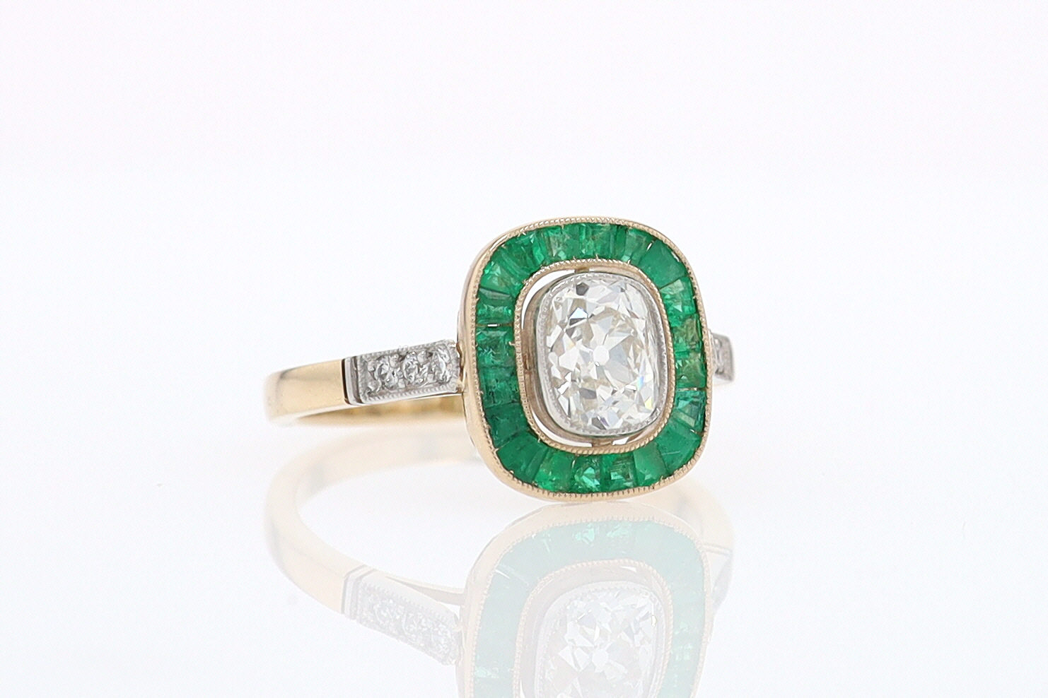 Art Deco Old Mine Cut Diamond Emerald Antique Engagement Ring