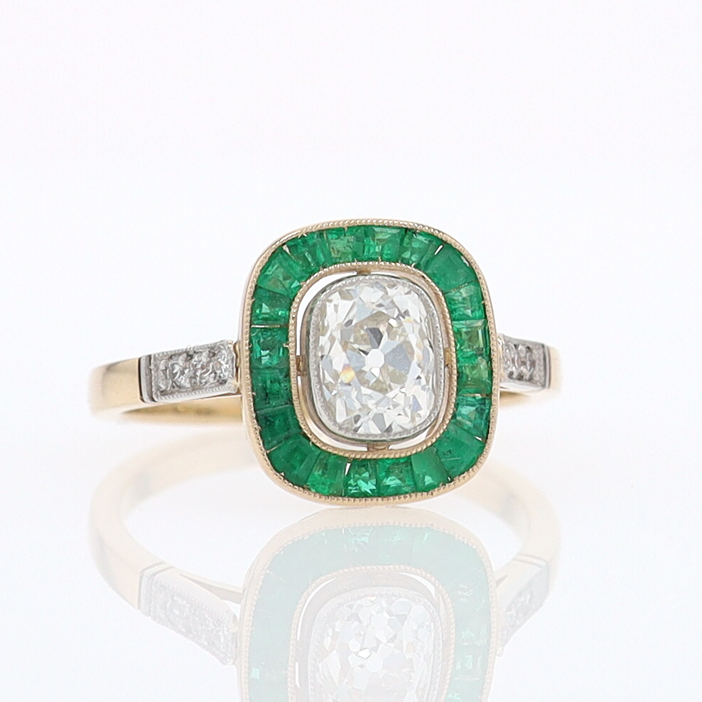 Art Deco Old Mine Cut Diamond Emerald Antique Engagement Ring