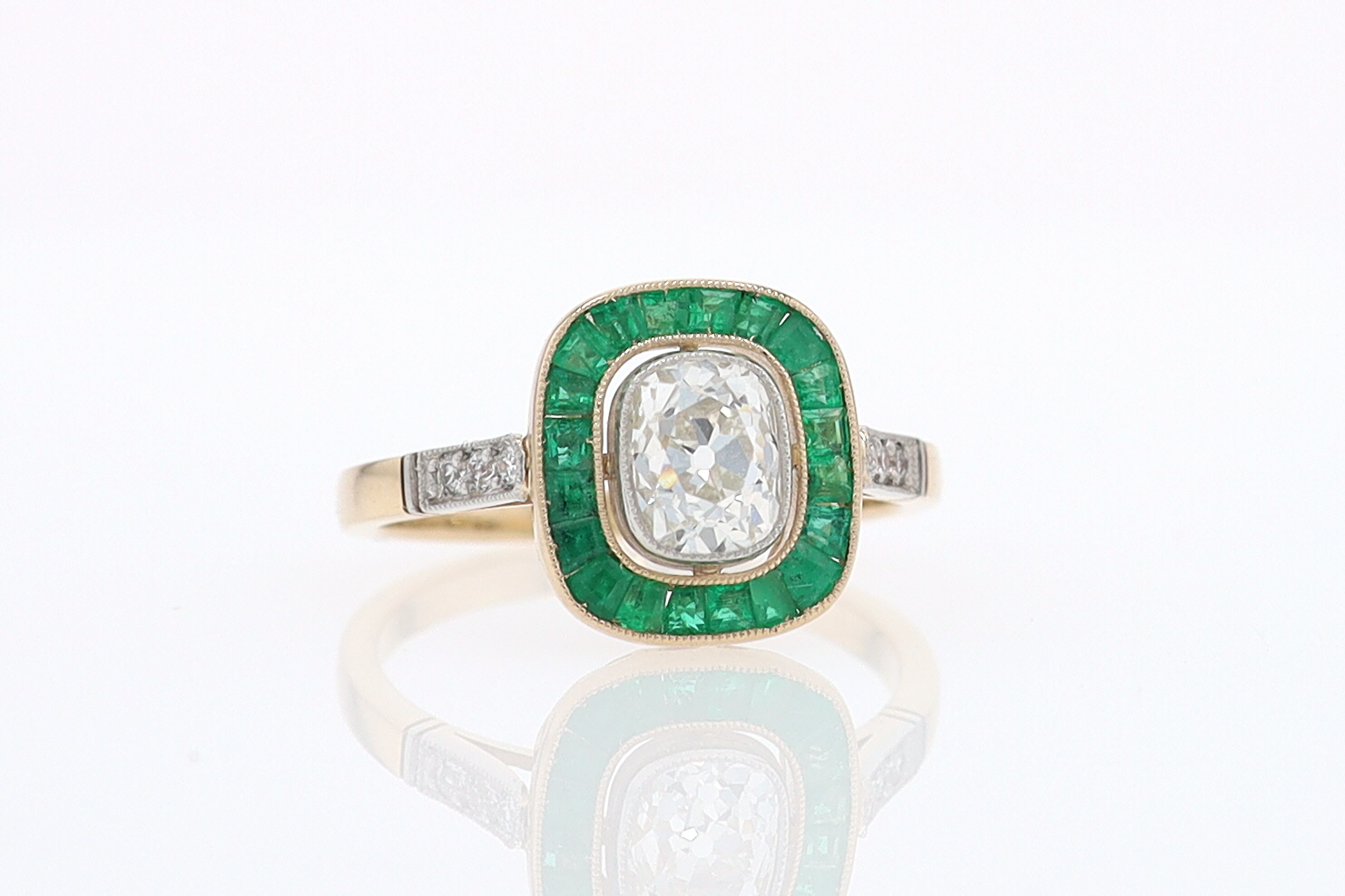 Art Deco Old Mine Cut Diamond Emerald Antique Engagement Ring