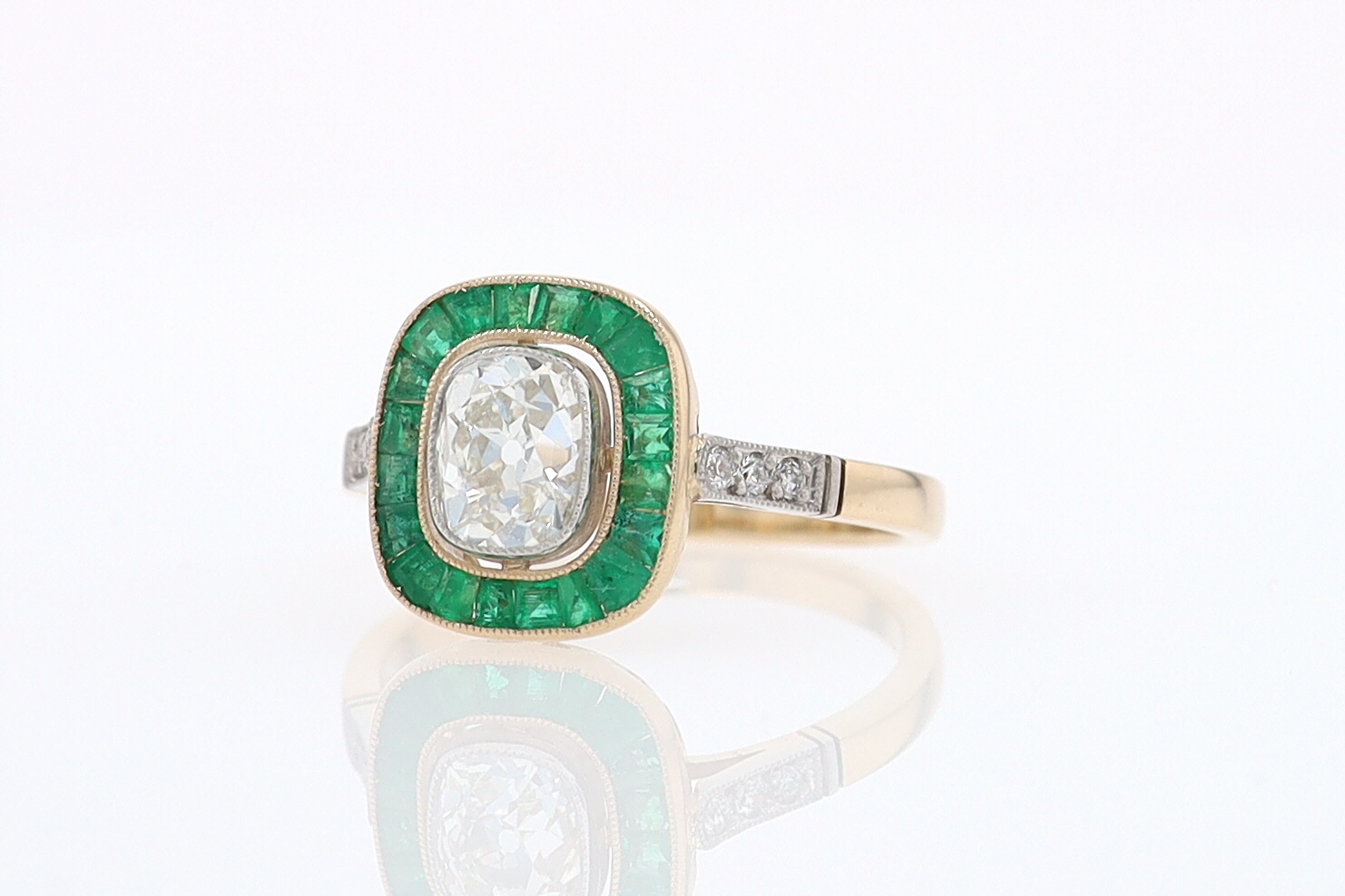 Art Deco Old Mine Cut Diamond Emerald Antique Engagement Ring