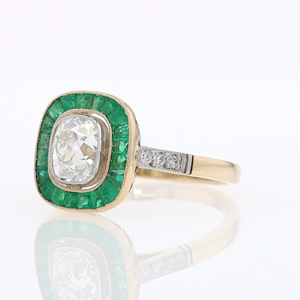Art Deco Old Mine Cut Diamond Emerald Antique Engagement Ring