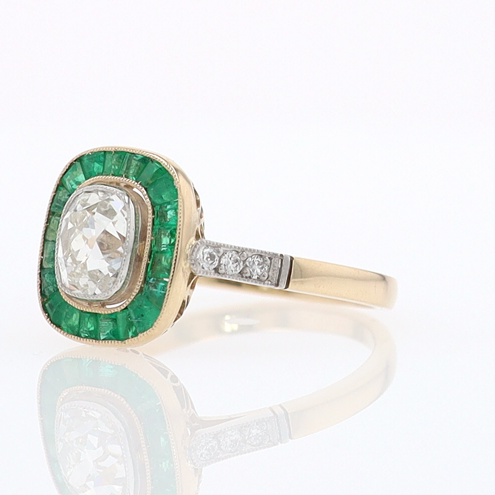 Art Deco Old Mine Cut Diamond Emerald Antique Engagement Ring