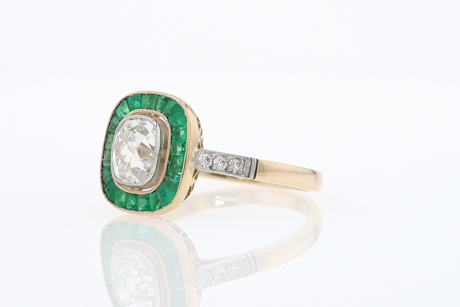 Art Deco Old Mine Cut Diamond Emerald Antique Engagement Ring
