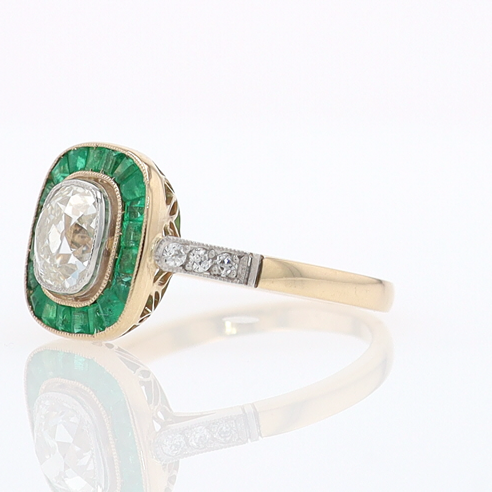 Art Deco Old Mine Cut Diamond Emerald Antique Engagement Ring