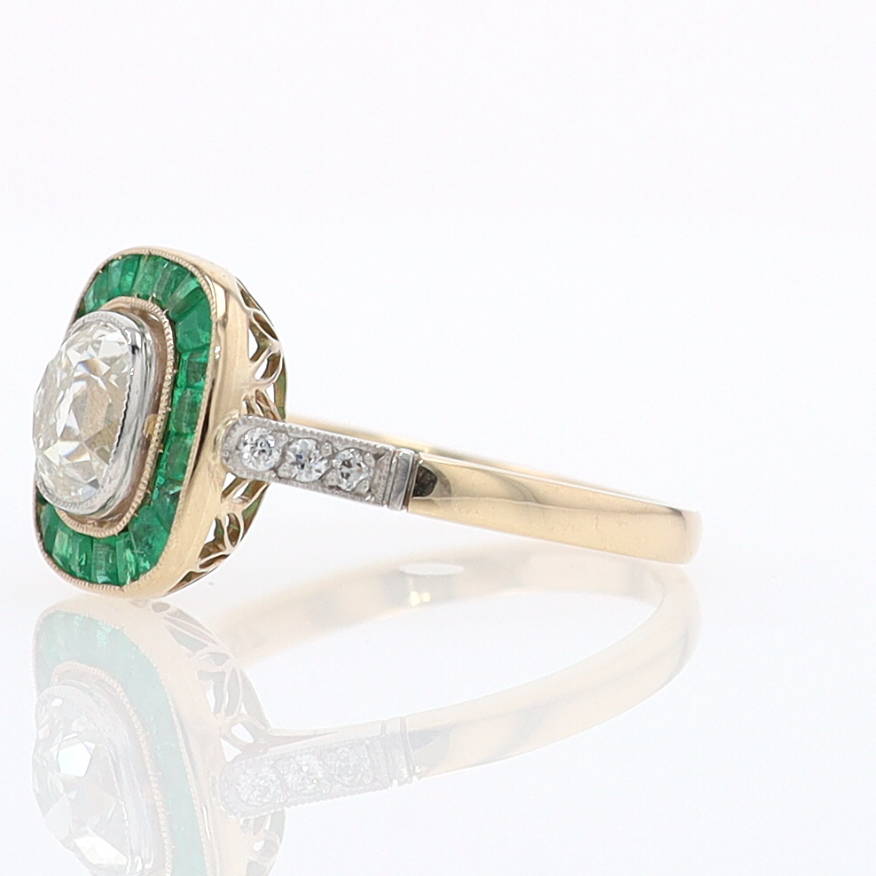 Art Deco Old Mine Cut Diamond Emerald Antique Engagement Ring