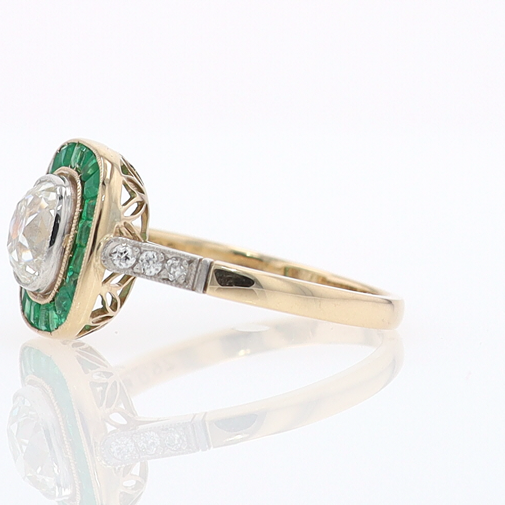 Art Deco Old Mine Cut Diamond Emerald Antique Engagement Ring