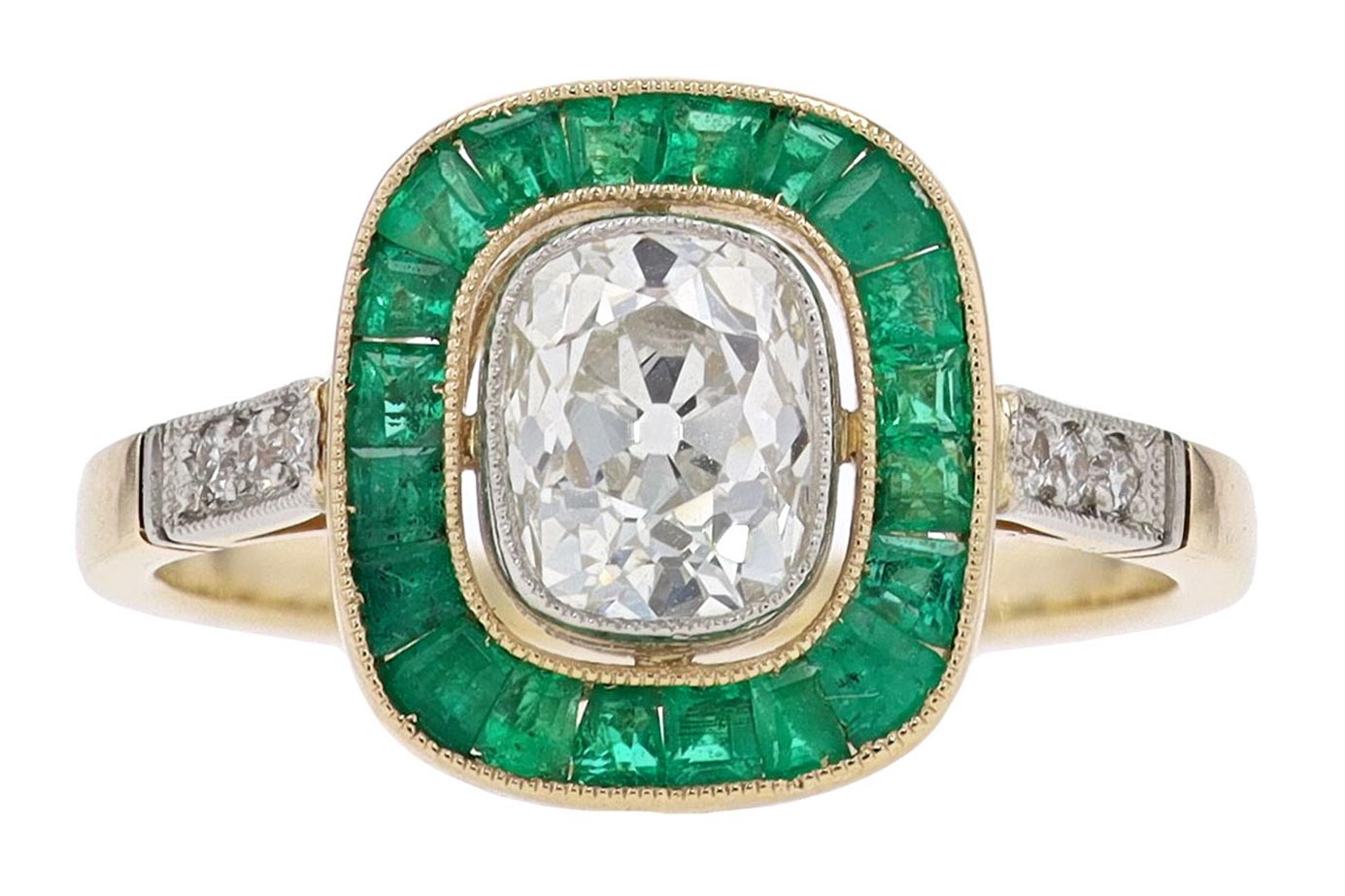 Art Deco Old Mine Cut Diamond Emerald Antique Engagement Ring