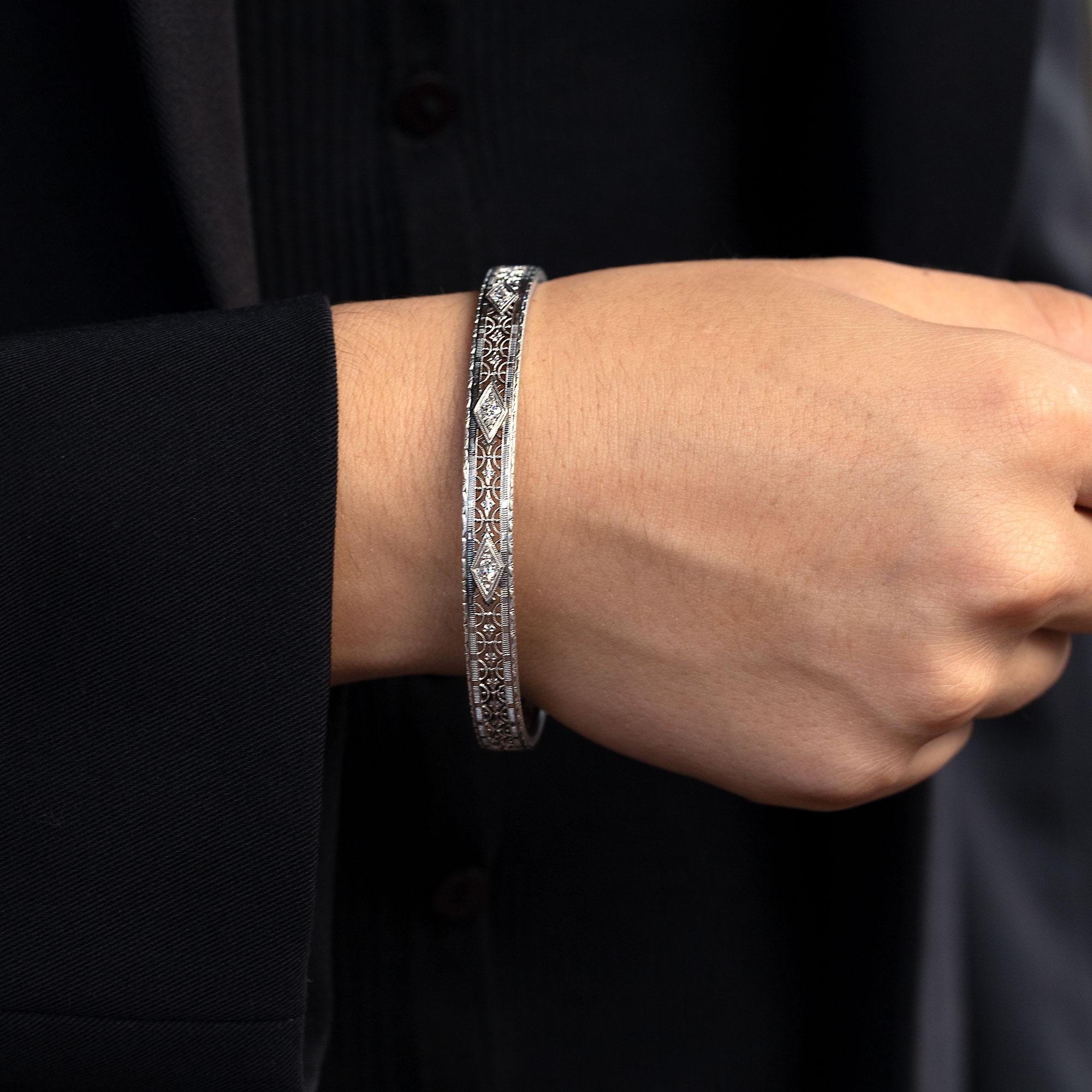 Art Deco Platinum Topped 14k Diamond Filigree Bangle Bracelet