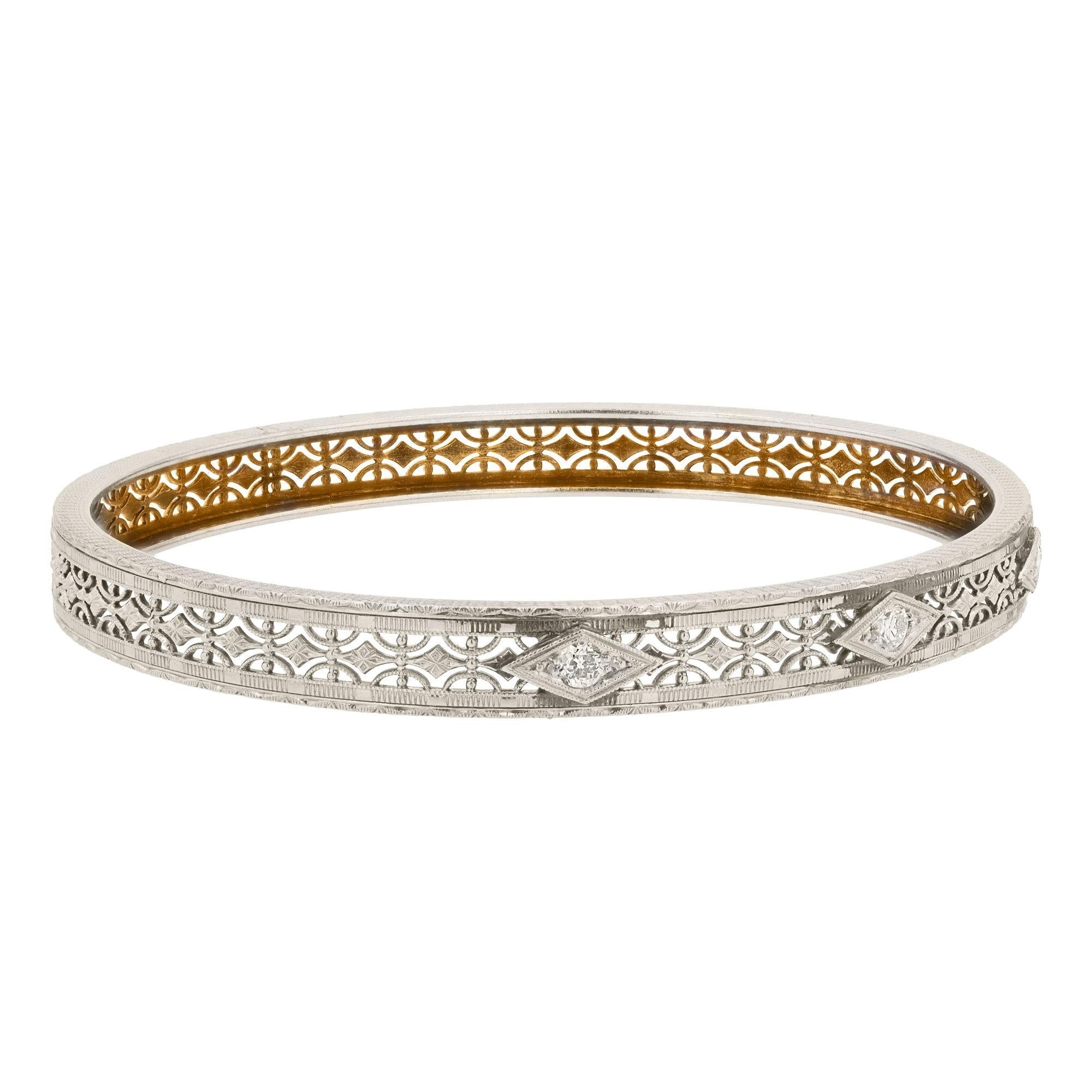 Art Deco Platinum Topped 14k Diamond Filigree Bangle Bracelet
