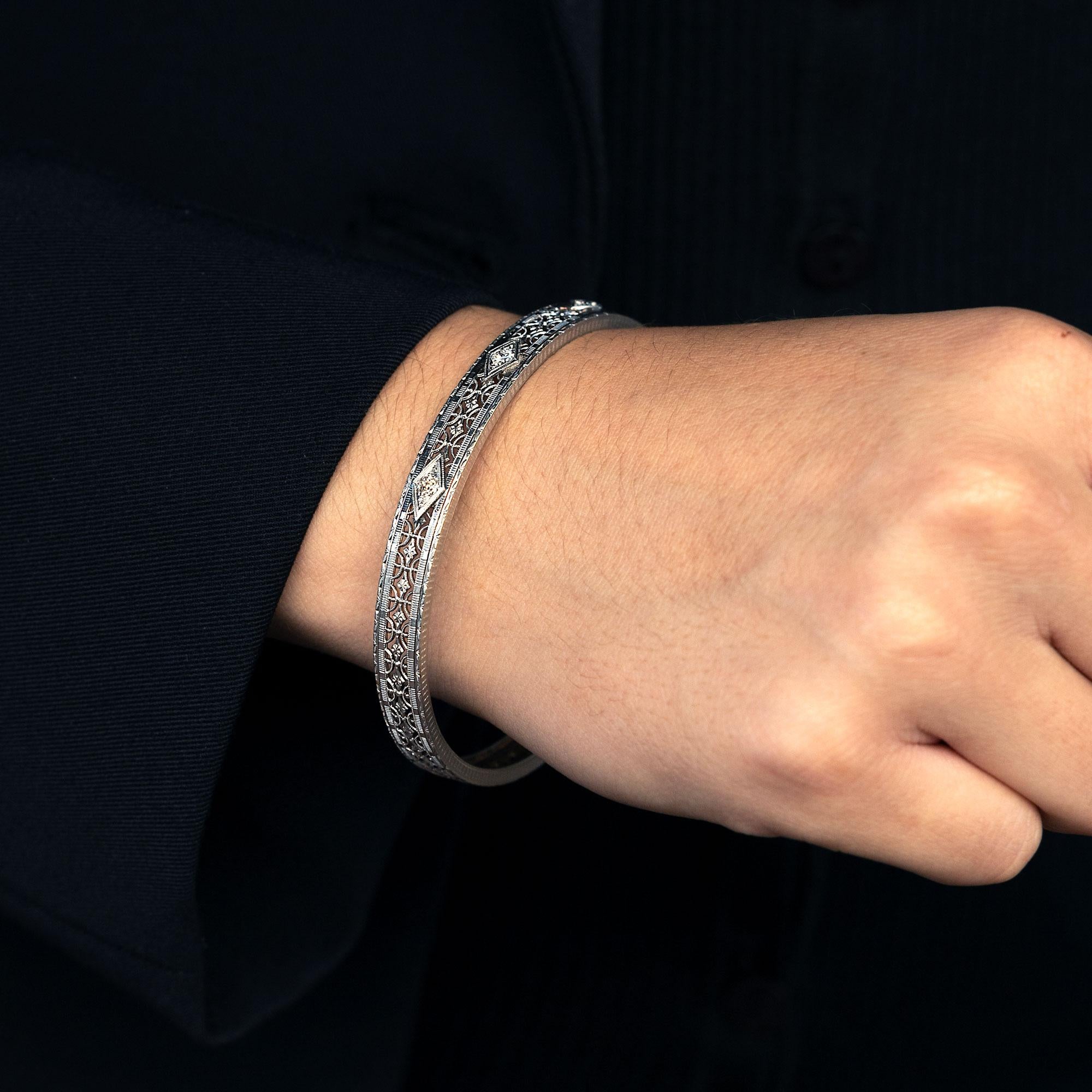 Art Deco Platinum Topped 14k Diamond Filigree Bangle Bracelet